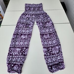 Jessica Taylor Boho Prairie Elephant Indian One Size Jenie Pants Purple White OS